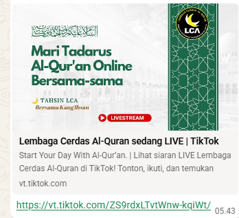 Poster Mari Tadarus Al-Qur'an Online bersama Tahsin LCA