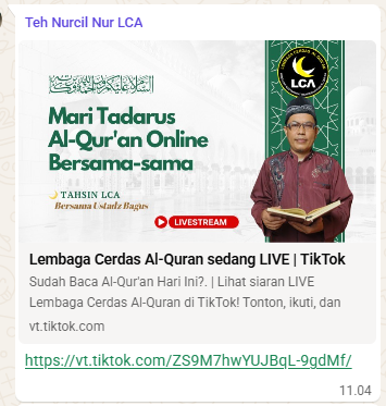 Poster TikTok Live Mari Tadarus Al-Qur'an Online bersama pengajar LCA