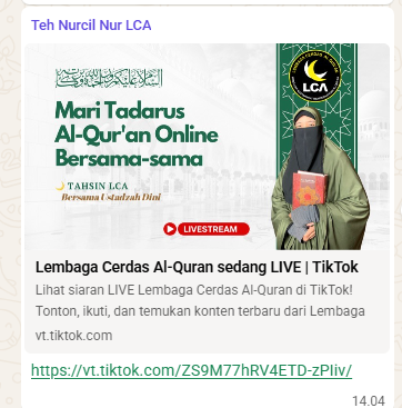 Poster TikTok Live Mari Tadarus Al-Qur'an Online bersama pengajar putri LCA