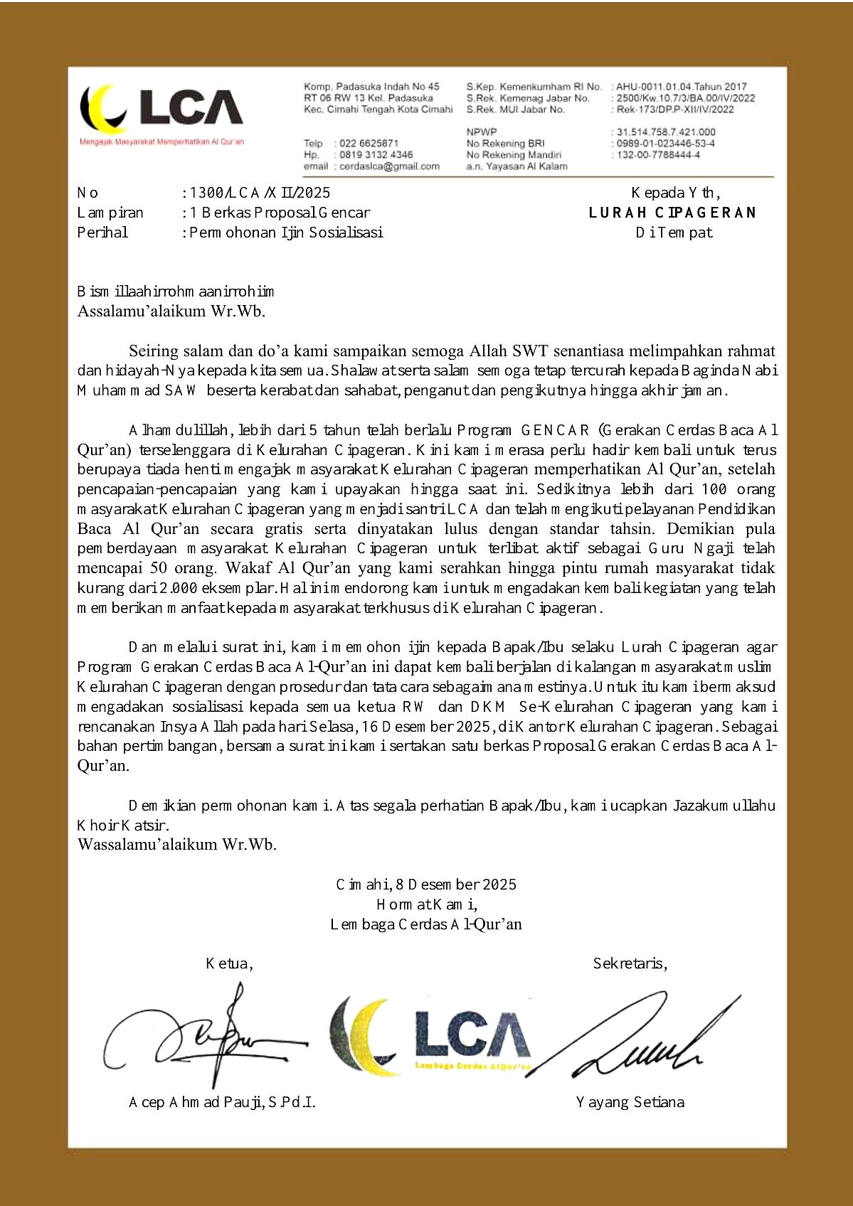 Contoh surat permohonan izin sosialisasi GENCAR Cipageran