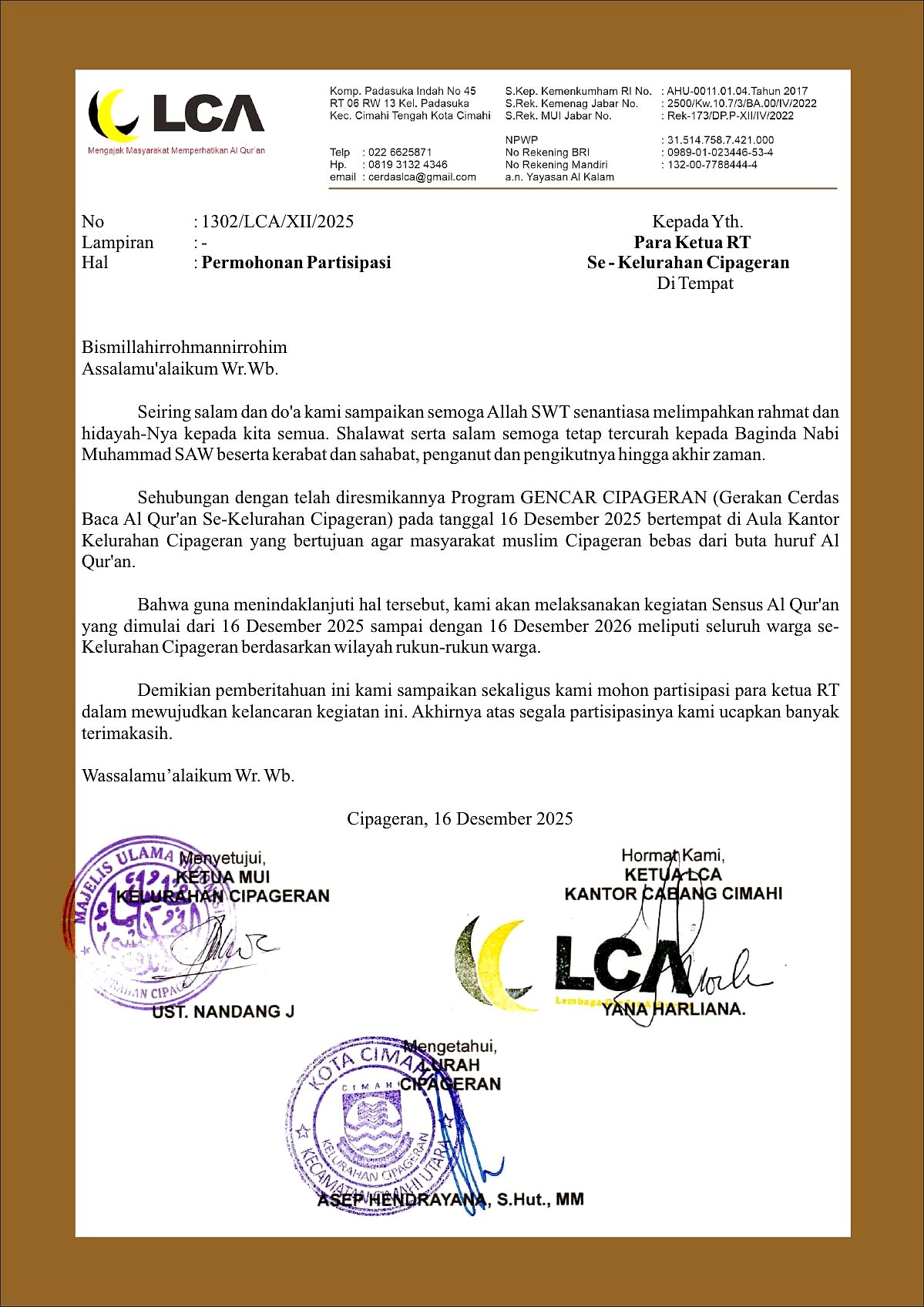 Contoh surat tindak lanjut peresmian GENCAR Cipageran
