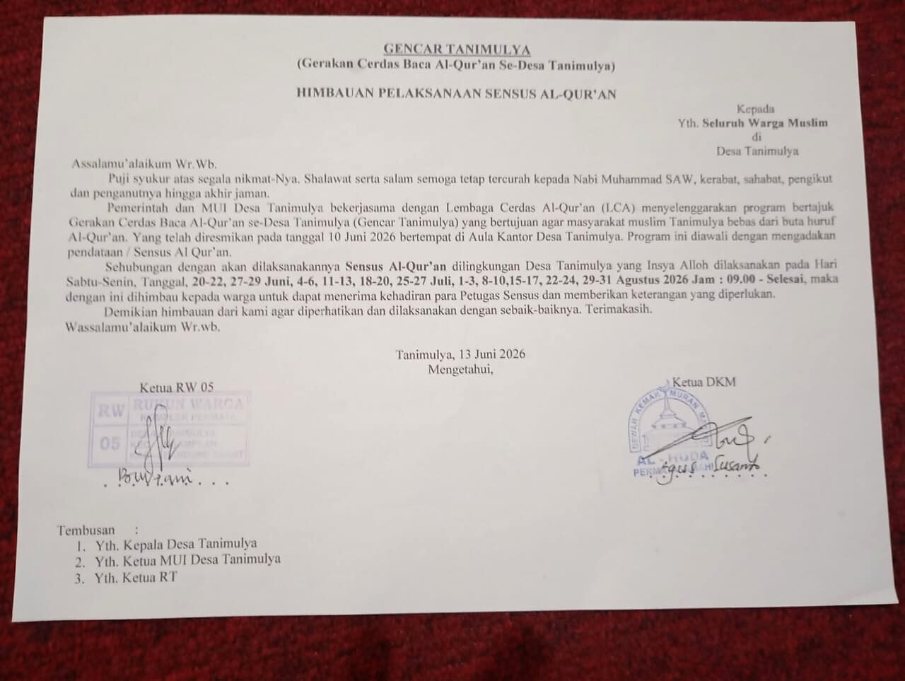 Surat himbauan pelaksanaan Sensus Al-Qur'an yang disetujui RW dan DKM