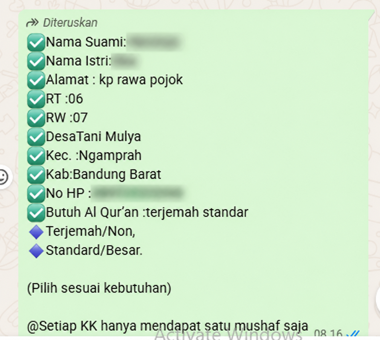 Contoh pengajuan Wakaf Al-Qur'an dengan identitas pribadi disamarkan