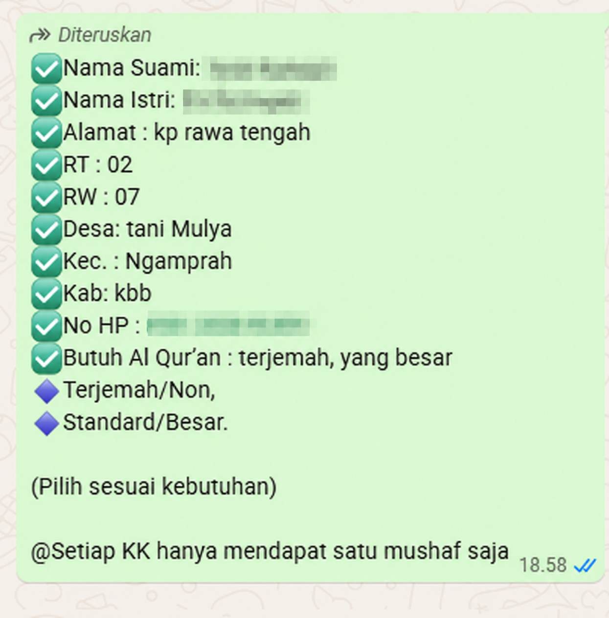 Contoh kebutuhan Wakaf Al-Qur'an dengan nama dan nomor telepon disamarkan