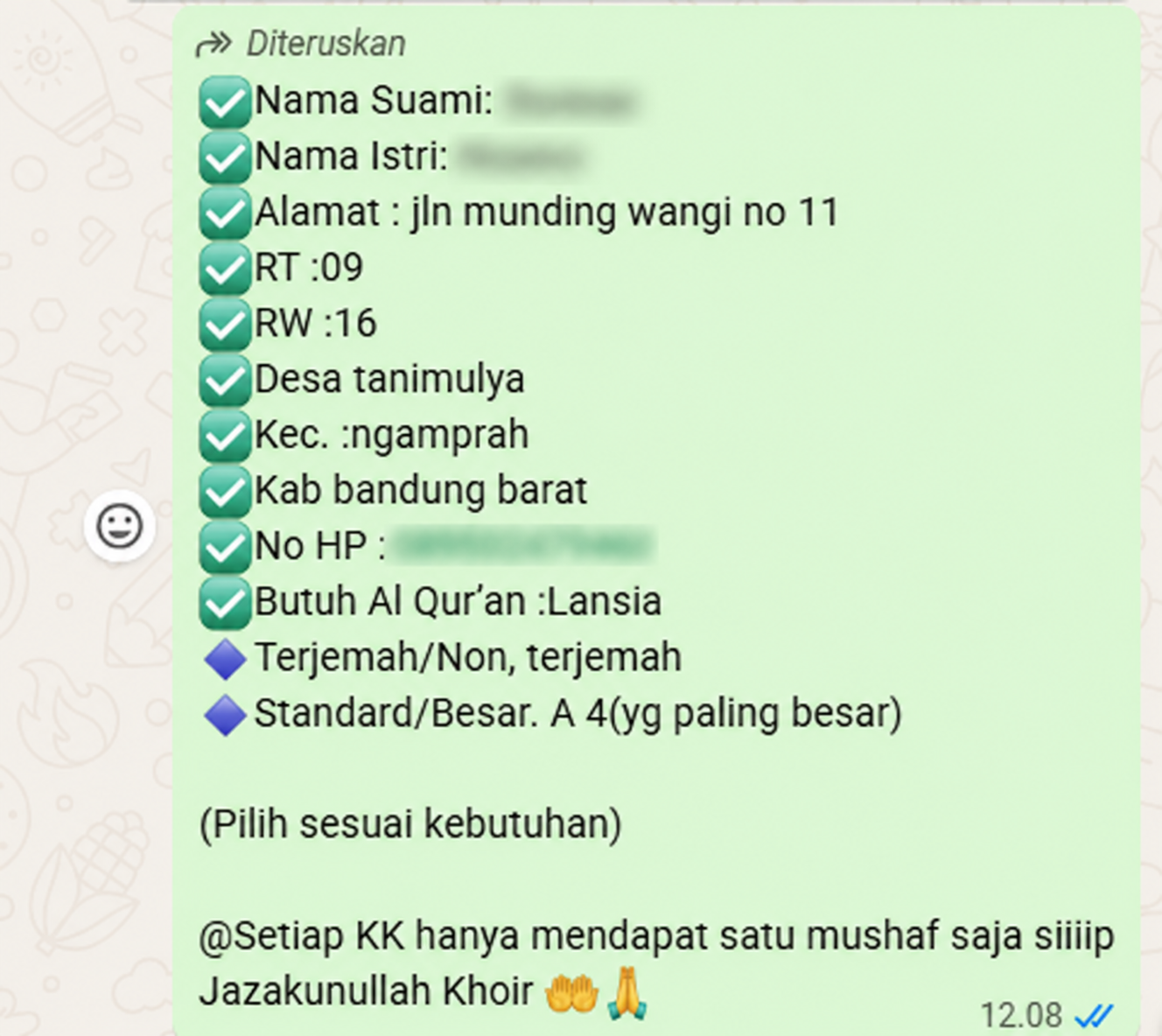 Contoh formulir Wakaf Al-Qur'an A4 dengan data pribadi disamarkan